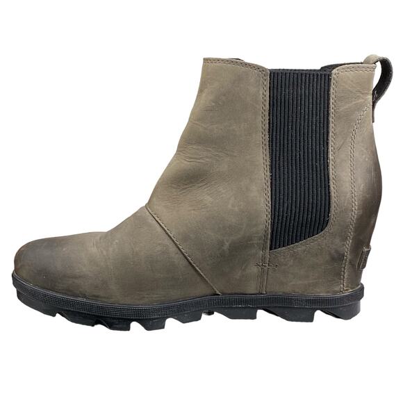 Sorel Women's Joan Of Arctic Olive Leather Hidden Wedge Chelsea Boots Size 9.5 - Picture 2 of 10